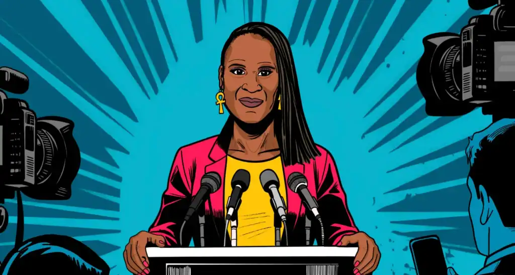 Comic illustration of Andrea Jenkins speaking at a podium surrounded with news cameras