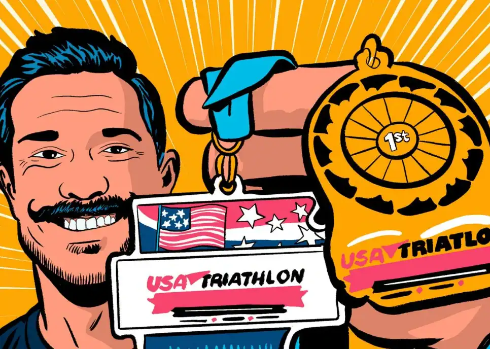 Comic illustration of Chris Moisier holding up medals