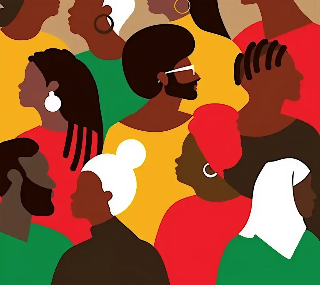 Slightly abstract illustration of diverse black people with various hair styles, accessories and head coverings.